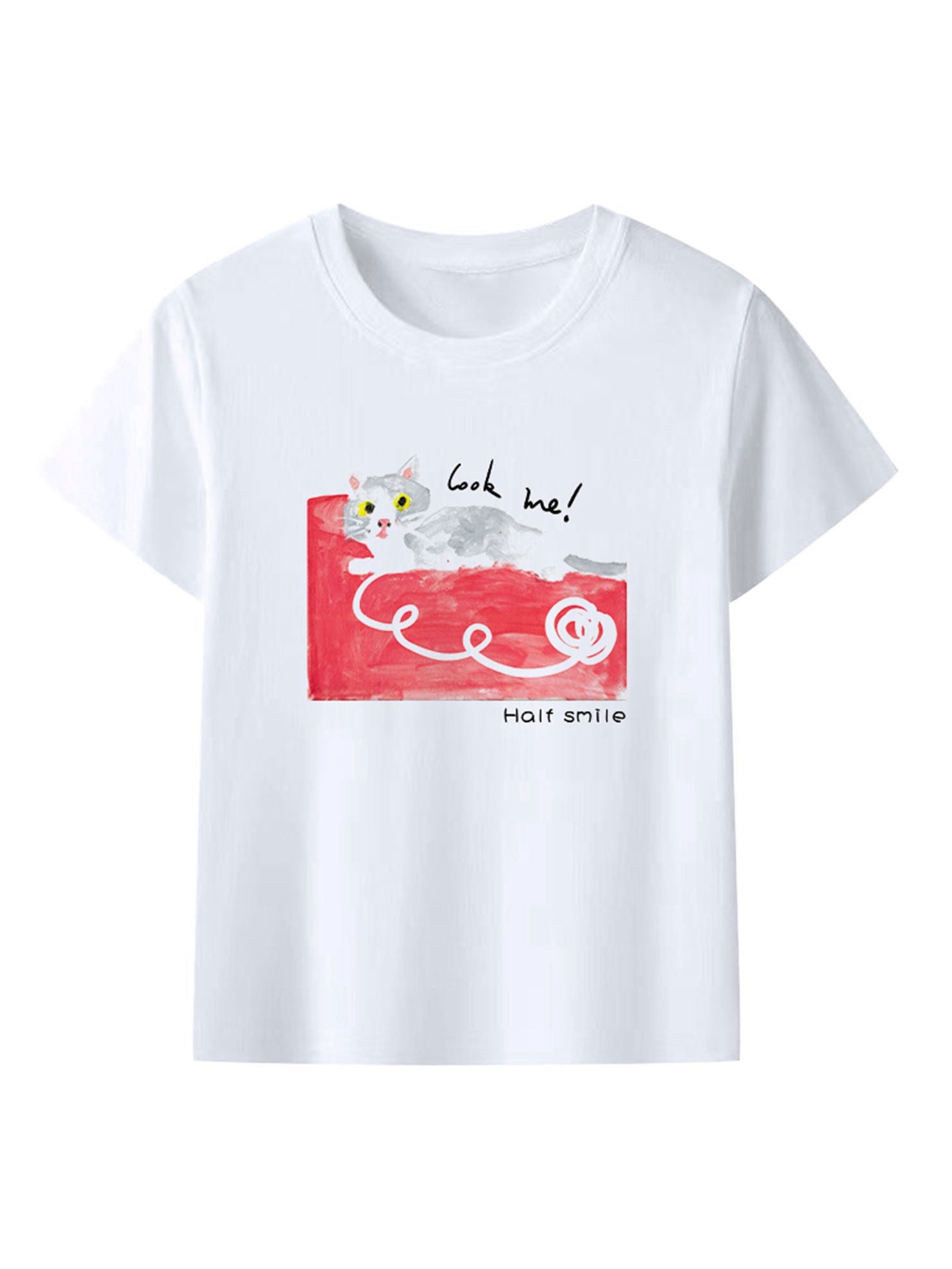 Cat Print Unisex White Crewneck T-Shirt